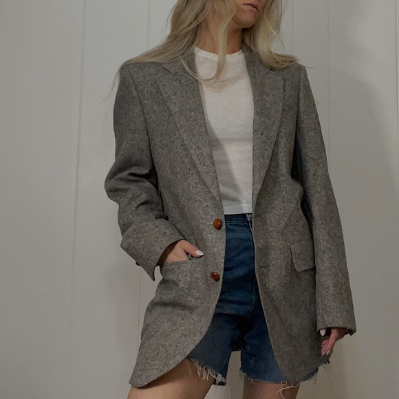 Vintage Tweed Classic Suit Jacket Blazer | Gray Texture Leather Elbow Caps - Picture 1 of 9